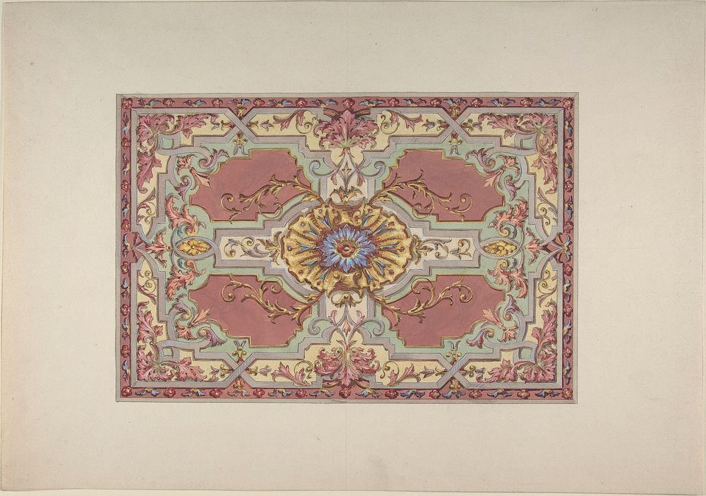 Design for a Painted Ceiling with Strapwork and Foliage on a Rose Background by Jules Edmond Charles Lachaise and Eugène…