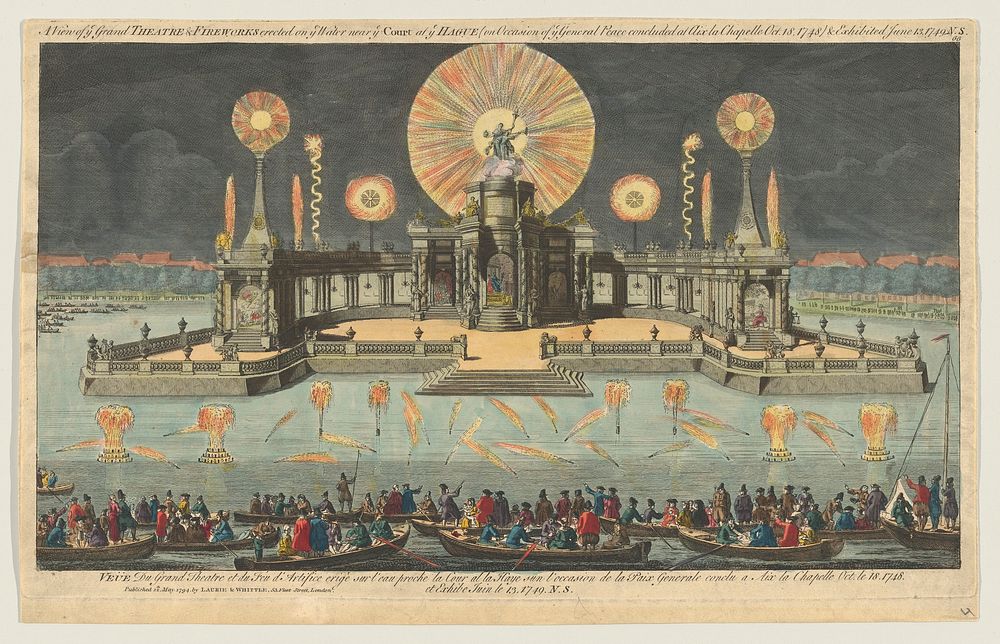 A View of ye Grand Theatre & Fireworks erected on ye Water near ye Court at ye Hague (on Occasion of ye General Peace…