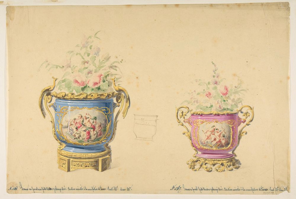 Design for Two Sèvres Porcelain Flower Pots, Anonymous, French, 19th century
