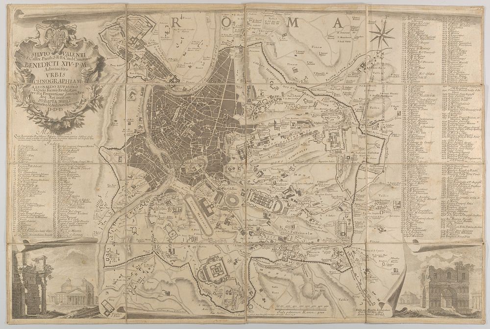 Plan of ancient Rome with a view of the Pantheon lower left and a triumphal arch lower right