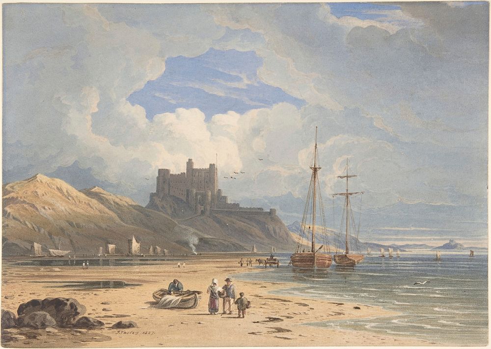 Bamborough Castle from the Northeast, with Holy Island in the Distance, Northumberland  by John Varley