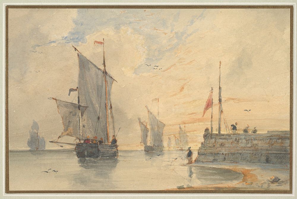 Fishing Luggers (Chasse-mar&eacute;e) Making Sail, Off Calais by Louis Fran&ccedil;ois Thomas Francia
