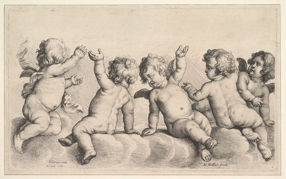 Three Cherubs and Two Boys on Clouds, Wenceslaus Hollar (etcher)