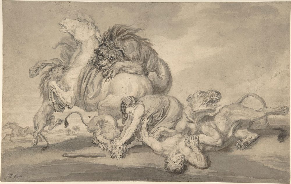 Lions Attacking Two Men and a Horse, attributed to James Ward