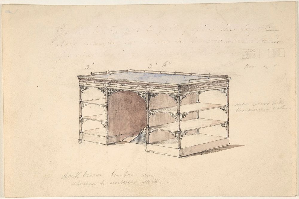 Design for a desk with shelves and a gallery, Anonymous, British, 19th century