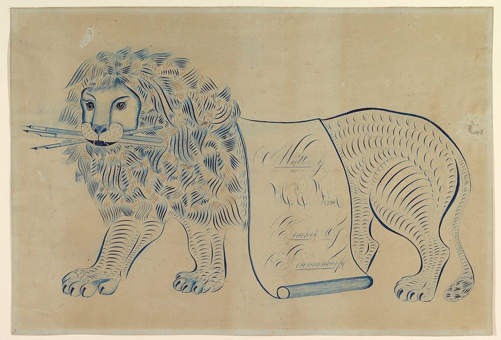 Ornamental Lion Composed of Scrolls, Holding Pens
