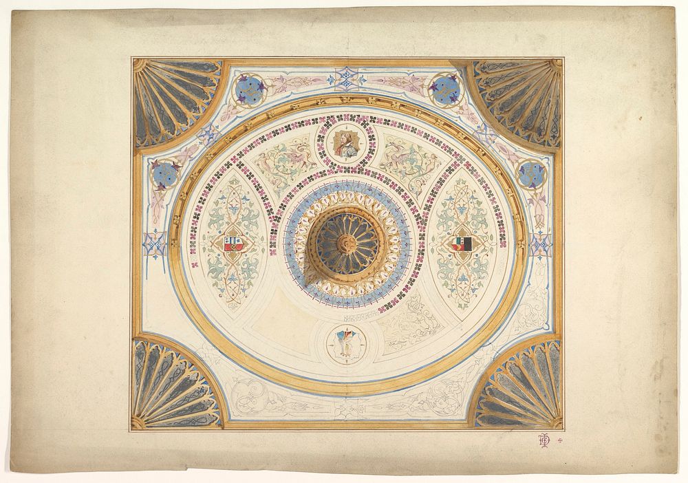 Design for Ceiling with Two Portraits and Fan Supports at Corners by John Gregory Crace