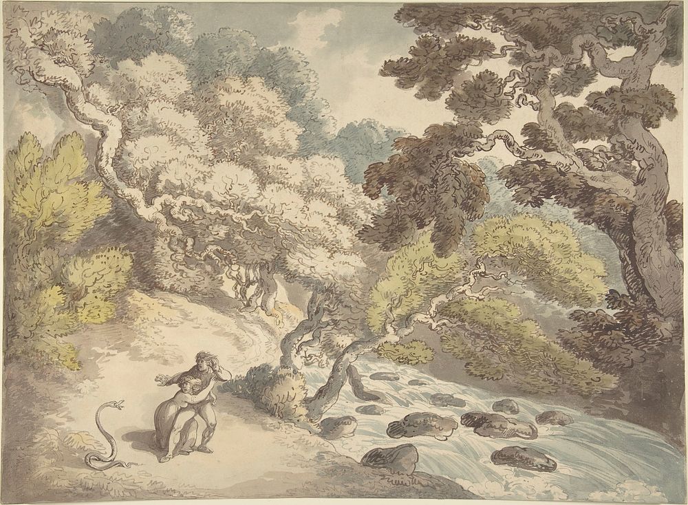 Landscape with rushing stream and a couple on the bank, frightened by a snake by Thomas Rowlandson