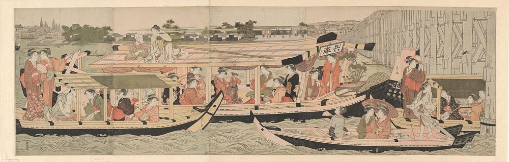 Pleasure Boats on the Sumida River beneath Shin-Ōhashi Bridge by Chōbunsai Eishi