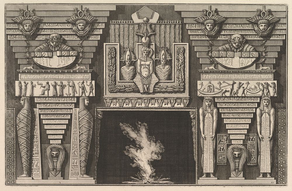 Chimneypiece in the Egyptian style: Two mummies in profile on the left and two figures brearing obelisks on the right (Ch.…