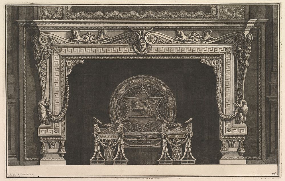 Chimneypiece: Architrave decorated with a Greek key motif and a circular fireback with figures of the zodiac (Ch. décorée…