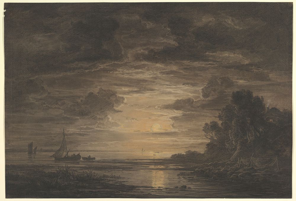 The River Elbe Downstream of Hamburg by Moonlight, Christian Ernst Morgenstern