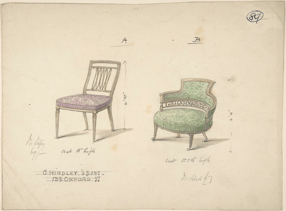 Designs for Two Chairs by Charles Hindley and Sons