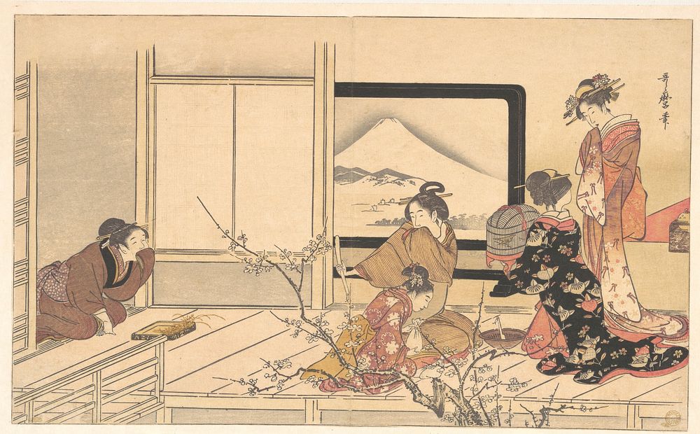 “Preparing Food for the Warbler,” from the album Men’s Stamping Dance (Otoko dōka, uguisu no esa suri) by Utamaro Kitagawa…