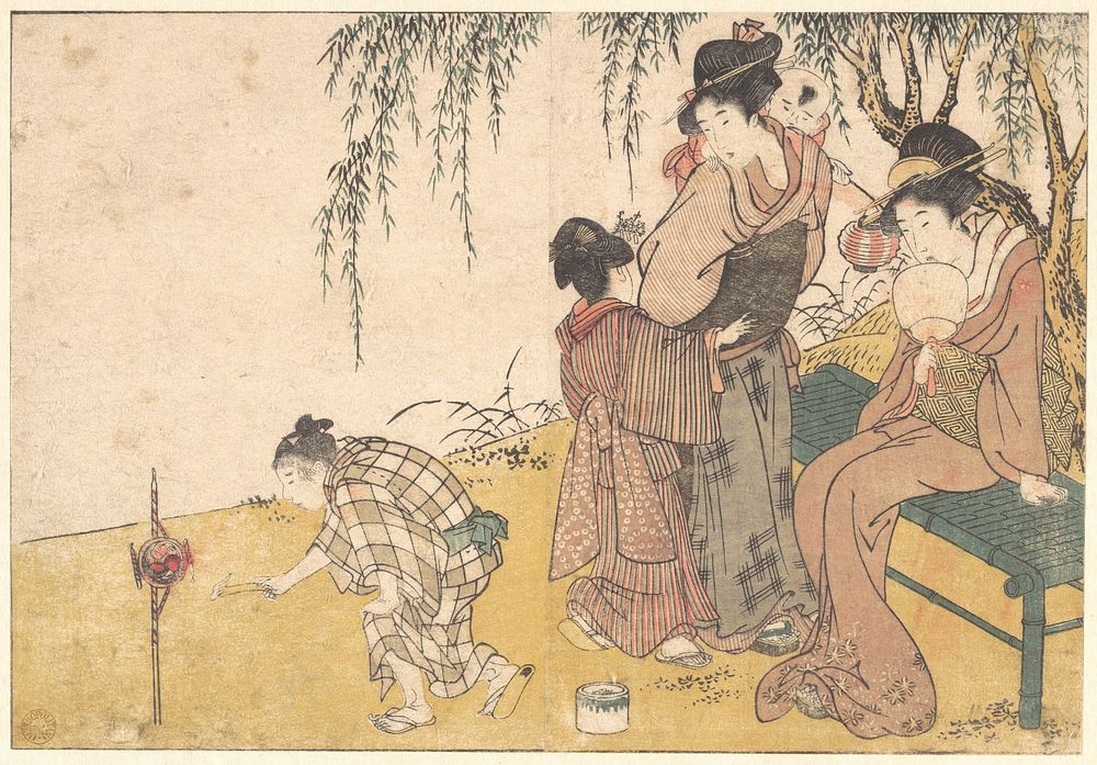 A Child Lighting Fireworks, from the illustrated book Flowers of the Four Seasons by Kitagawa Utamaro