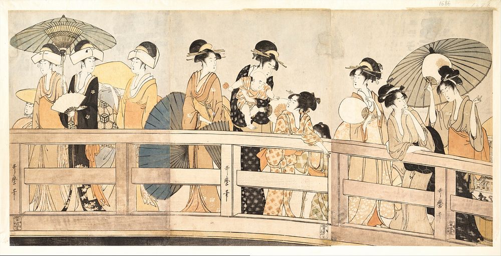 Enjoying the Cool Evening Breeze on and under the Bridge by Utamaro Kitagawa (1754–1806)
