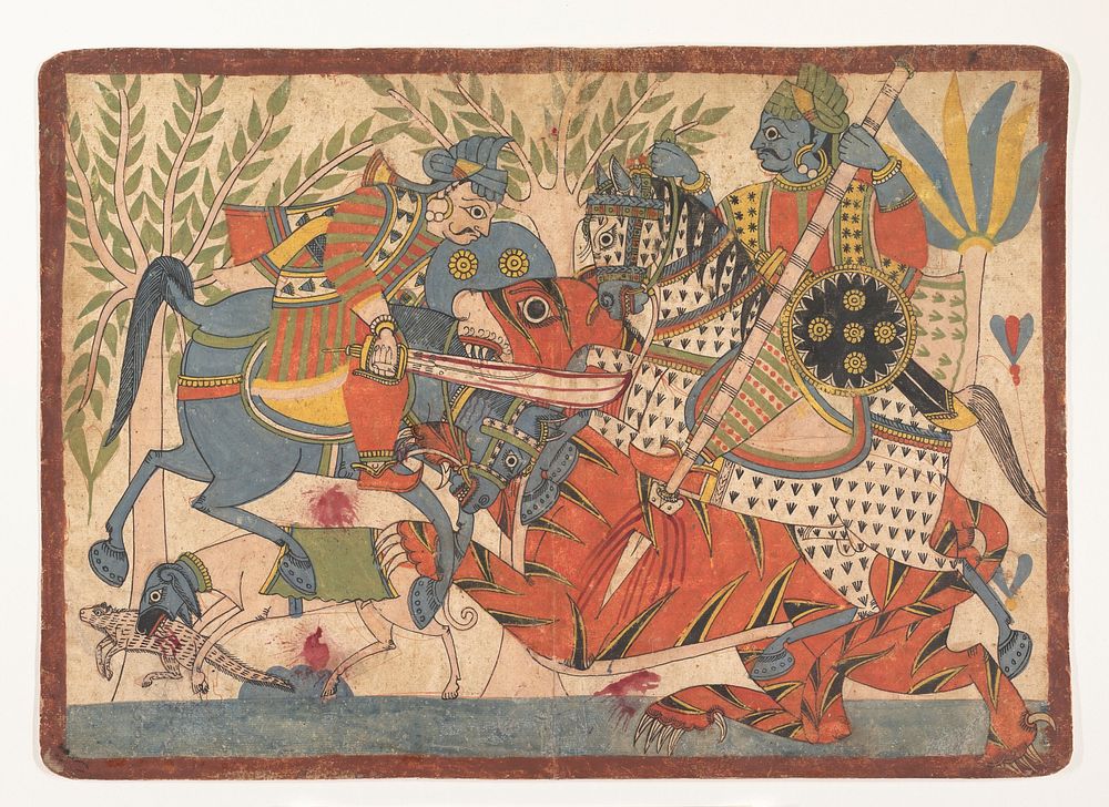 &ldquo;Harishchandra and his Minister Killing a Tiger,&rdquo; folio from a Harishchandra Series, Western India, Maharashtra…