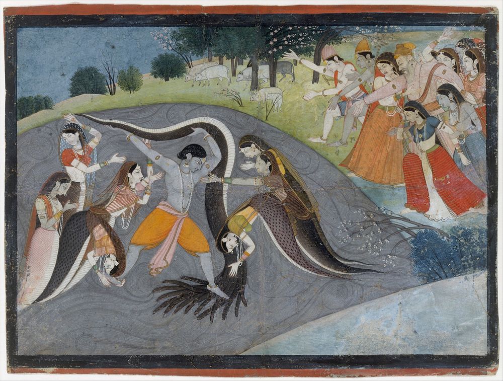 Krishna Subduing Kaliya, the Snake Demon: Folio from a Bhagavata Purana Series 