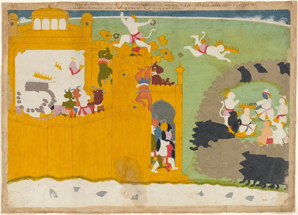 The Monkey Leader Angada Steals Ravana's Crown from His Fortress: Folio from the Siege of Lanka series