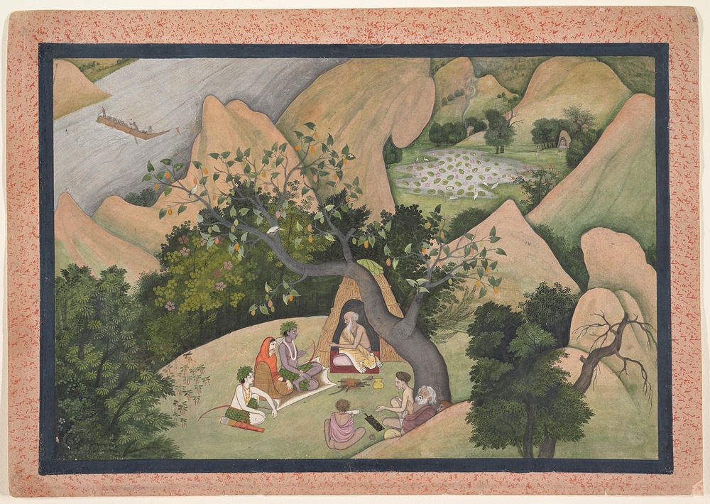 Rama, Sita, and Lakshmana at the Hermitage of Bharadvaja: Illustrated folio from a dispersed Ramayana series, India (Kangra…