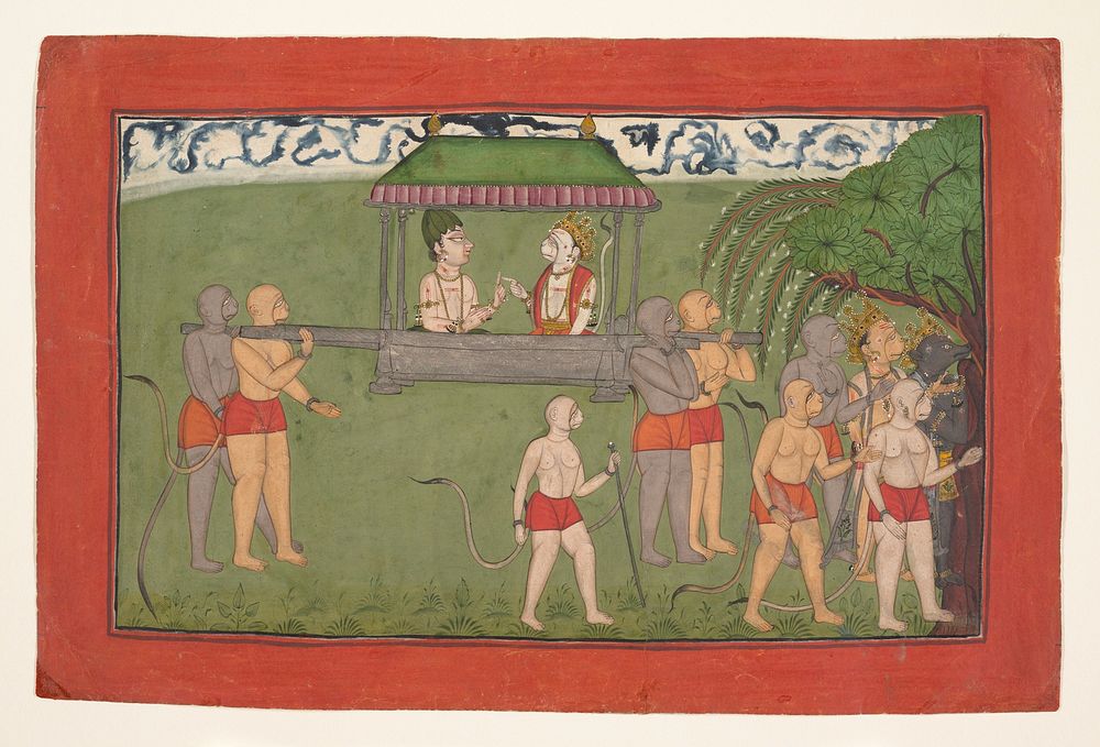 Lakshmana and Sugriva Being Carried by Palanquin to Receive Rama's Blessings: Folio from the dispersed &ldquo;Mankot"…