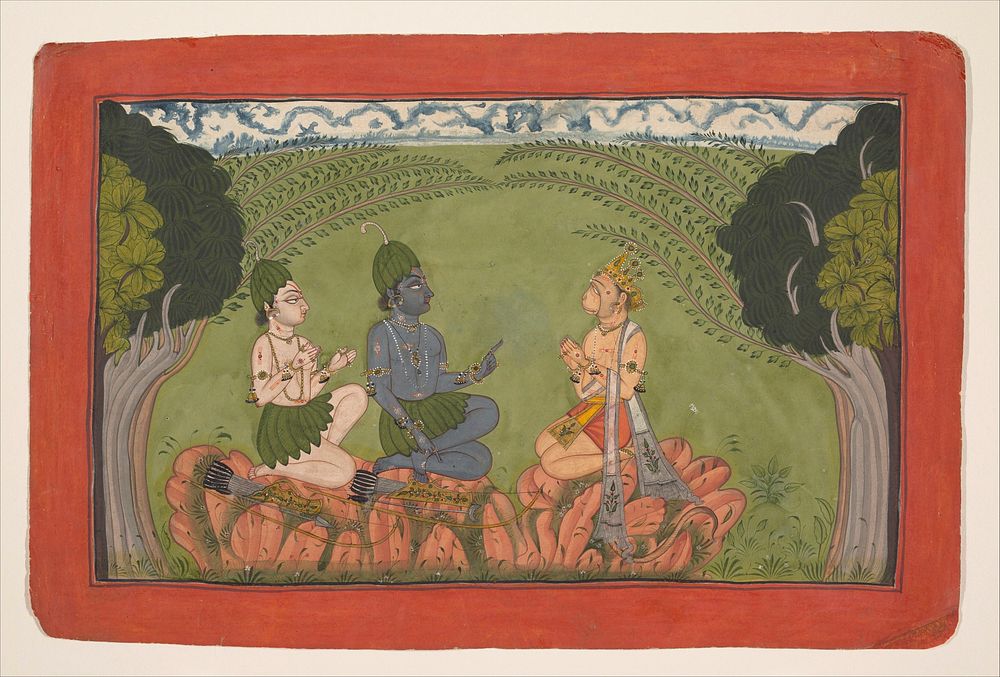 Hanuman before Rama and Lakshmana: Folio from the dispersed &ldquo;Mankot" Ramayana series, India, Punjab Hills, kingdom of…