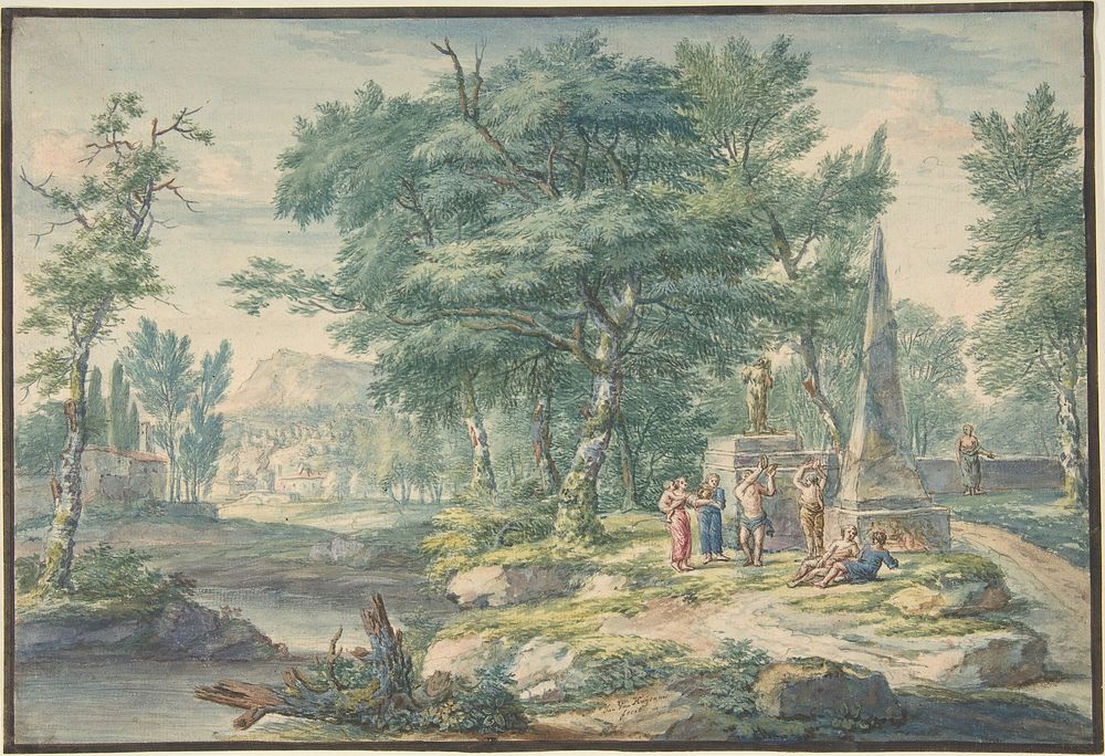 Arcadian Landscape with Figures Making Music by Jan van Huysum