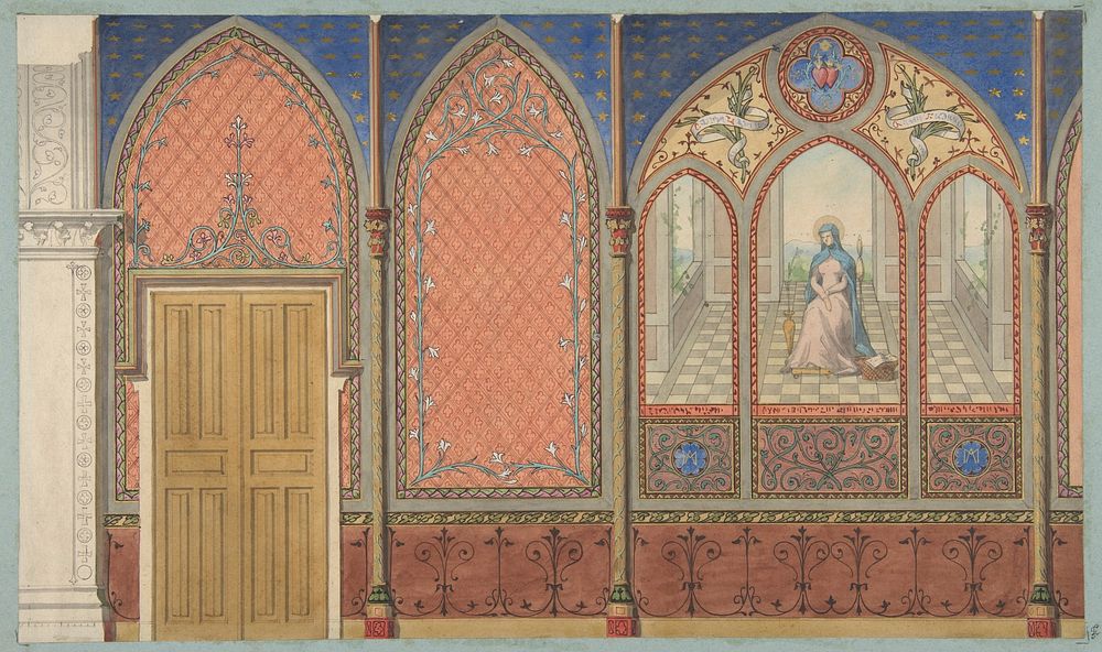 Elevation of a Church or Chapel with designs for ornament and a painted triptych of the Virgin Mary by Jules Lachaise and…