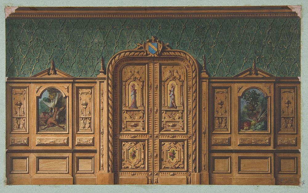Design for a room with wood panels inset with paintings and a heavily-carved double door by Jules Lachaise and Eugène Pierre…
