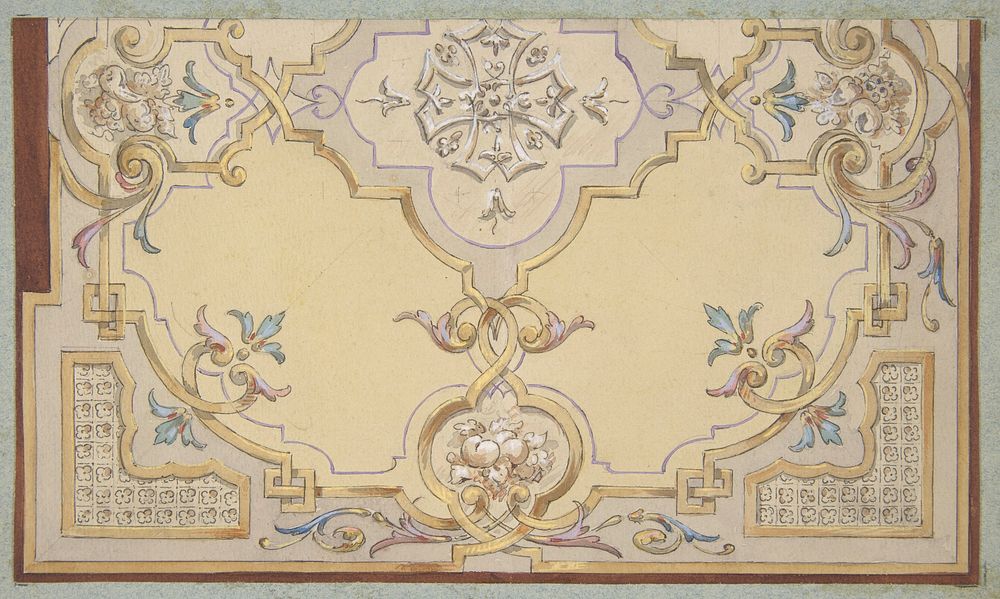 Partial design for the decoration of a ceiling with scrolls and swags of fruit by Jules Edmond Charles Lachaise and Eugène…