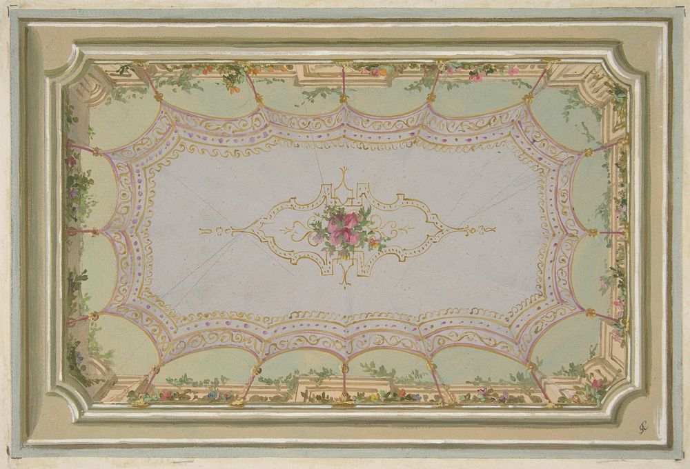 Design for the painted decoration of a ceiling with a trompe l'oeil canopy and roses by Jules Edmond Charles Lachaise and…