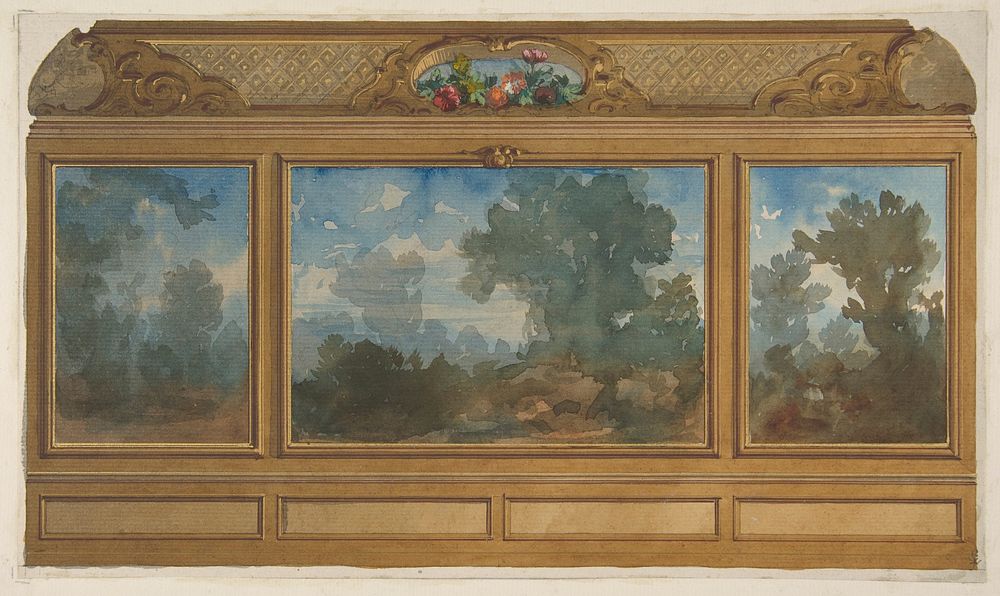 Elevation of a paneled interior decorated with painted landscapes and coves with cartouches and flowers by Jules-Edmond…