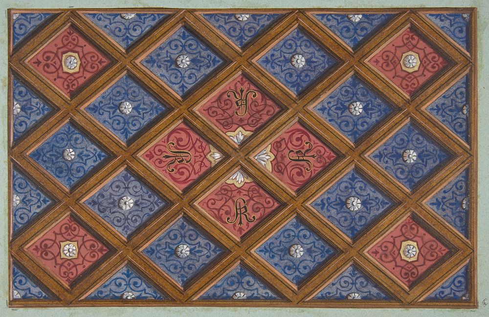 Design for a coffered ceiling with painted initials:  SRI (?) by Jules-Edmond-Charles Lachaise and Eugène-Pierre Gourdet