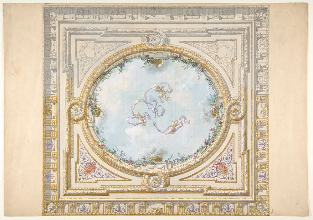 Design for a ceiling in rococo style with a trompe l'oeil oculus by Jules Edmond Charles Lachaise and Eugène Pierre Gourdet
