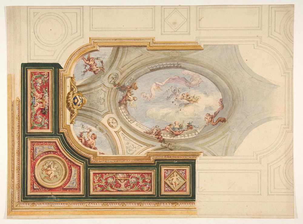 Design for a ceiling in Baroque style with a central panel in trompe l'oeil by Jules-Edmond-Charles Lachaise and Eugène…