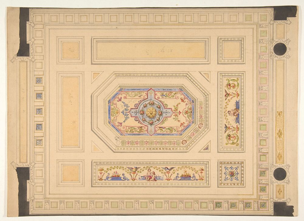 Design for a paneled ceiling painted with putti, birds, and floral motifs by Jules Edmond Charles Lachaise and Eugène Pierre…