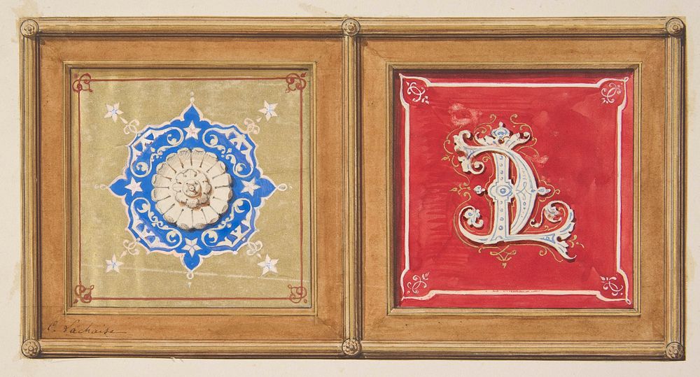 Two alternative designs for the painted decoration of a panel (one with the intertwined initials CL) by Jules-Edmond-Charles…