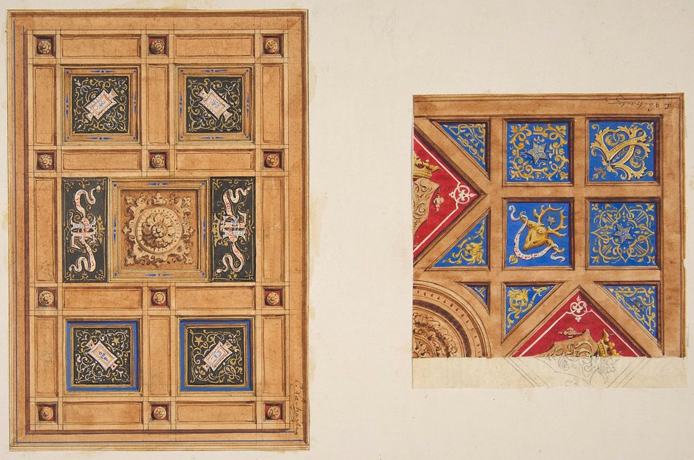 Two designs for paneled ceiling with painted decoration by Jules Edmond Charles Lachaise and Eugène Pierre Gourdet