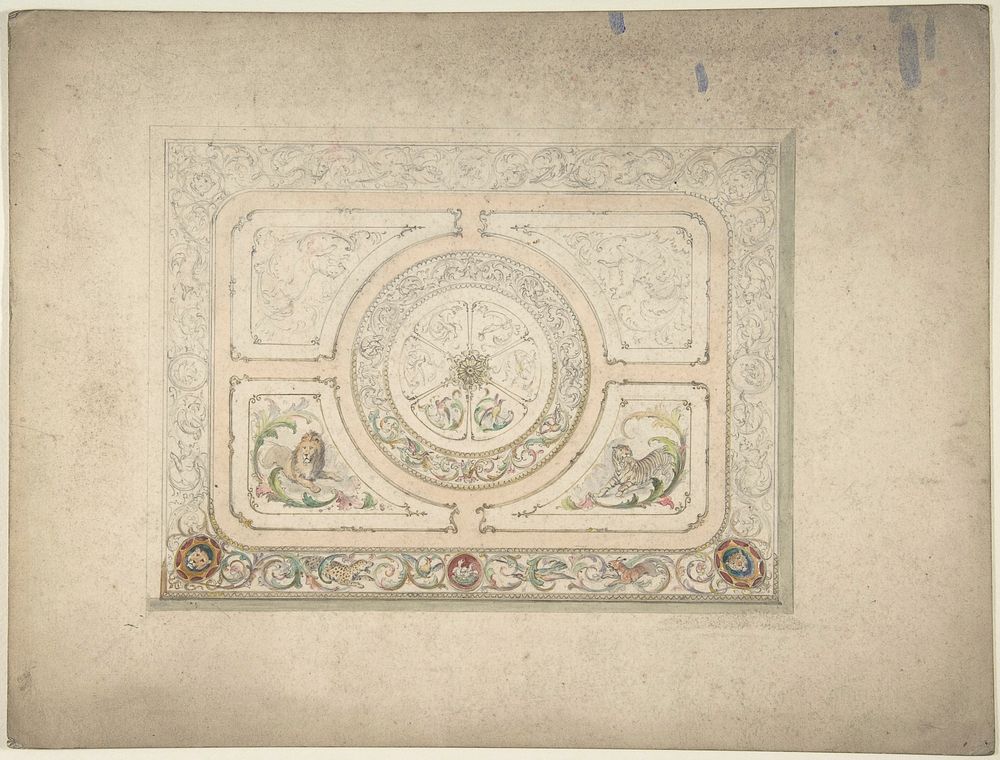 Design for a Ceiling with Lion and Lioness, Anonymous, British, 19th century