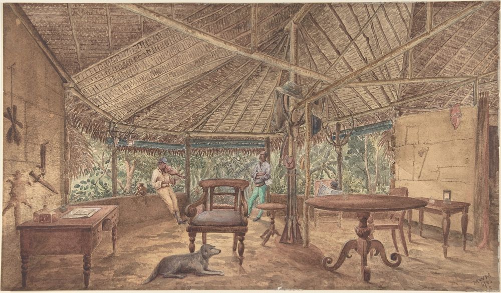 European Men in an African Jungle Lodge by Anonymous, British, 19th century
