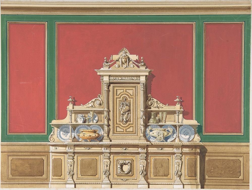Interior Design for Large Display Cabinet against Red and Green Panelling by Anonymous, British, 19th century