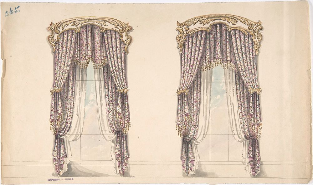 Design for Pink, Mauve and White Floral Curtains with a Gold and White Pediment