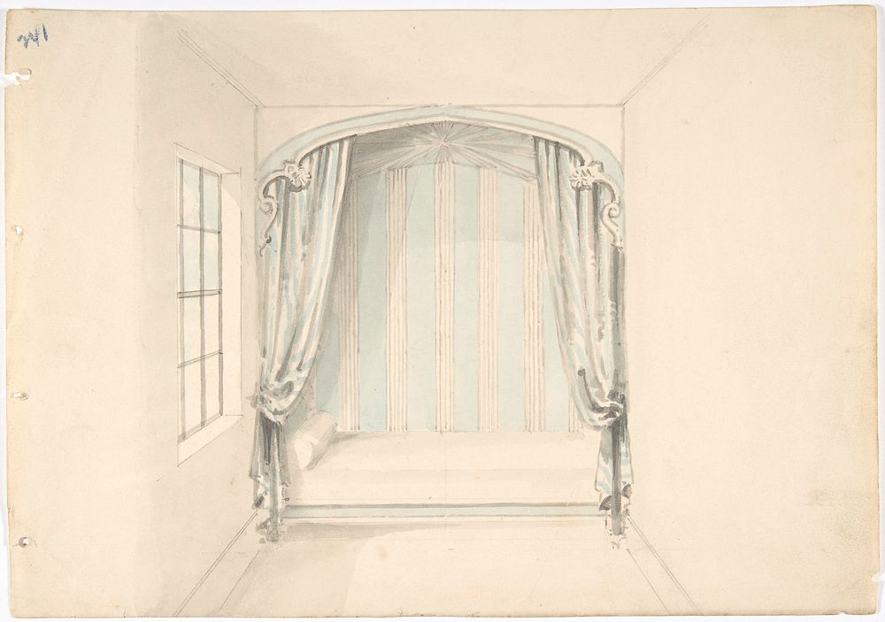 Design for a Canopied Bed with Pale Blue and White Hangings, Anonymous, British, 19th century