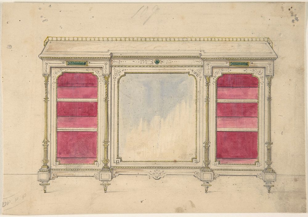 Cabinet Design with a Mirrored Front and Red Shelves, Anonymous, British, 19th century