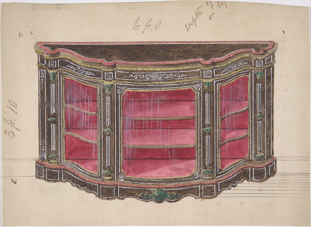 Design for a Glass Fronted Cabinet with Red Interior, Anonymous, British, 19th century