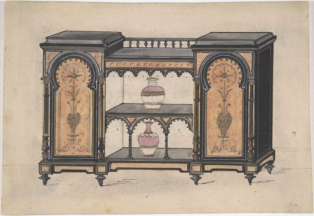 Design for a Cabinet with Two Central Shelves and Arched Doors