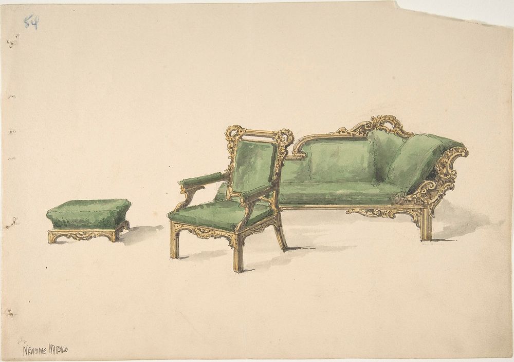 Design for a Gilded Settee, Arm Chair and Footstool with Green Upholstery, Anonymous, British, 19th century