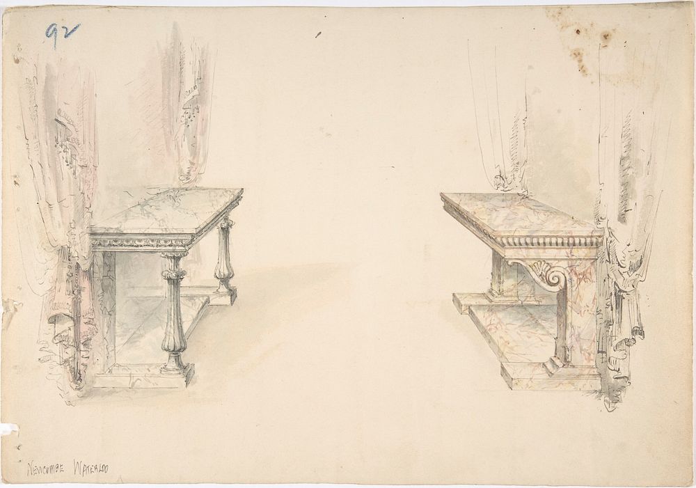 Designs for Two Marble Pier Tables with Draperies, Anonymous, British, 19th century