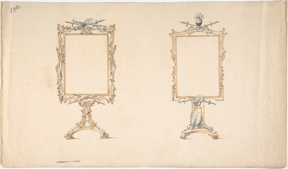 Designs for Two Mirror Frames Supported on Footed Pedestals with Armorial Ornament, Anonymous, British, 19th century
