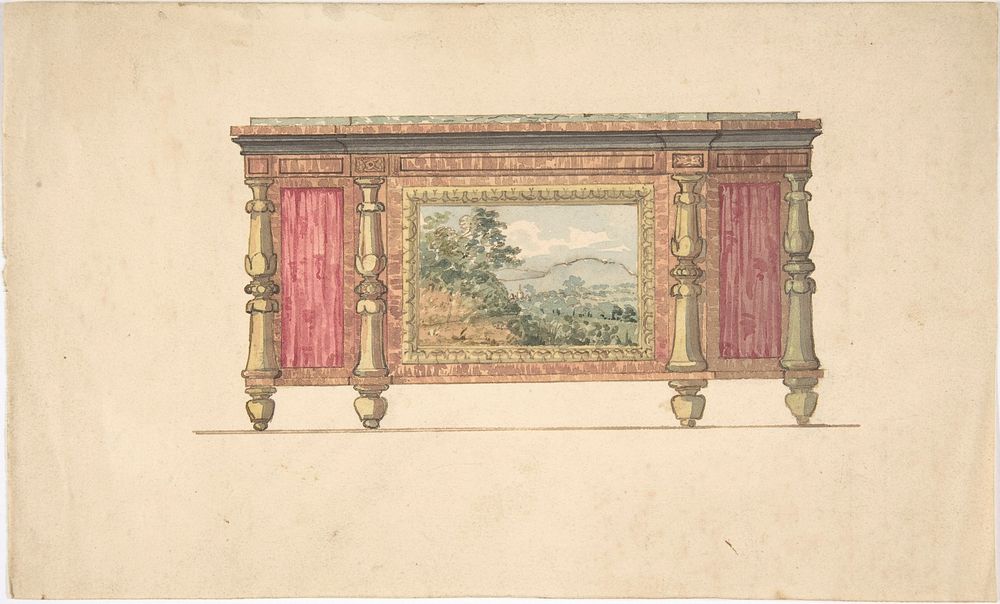 Design for Sideboard with Inset Landscape, Anonymous, British, 19th century